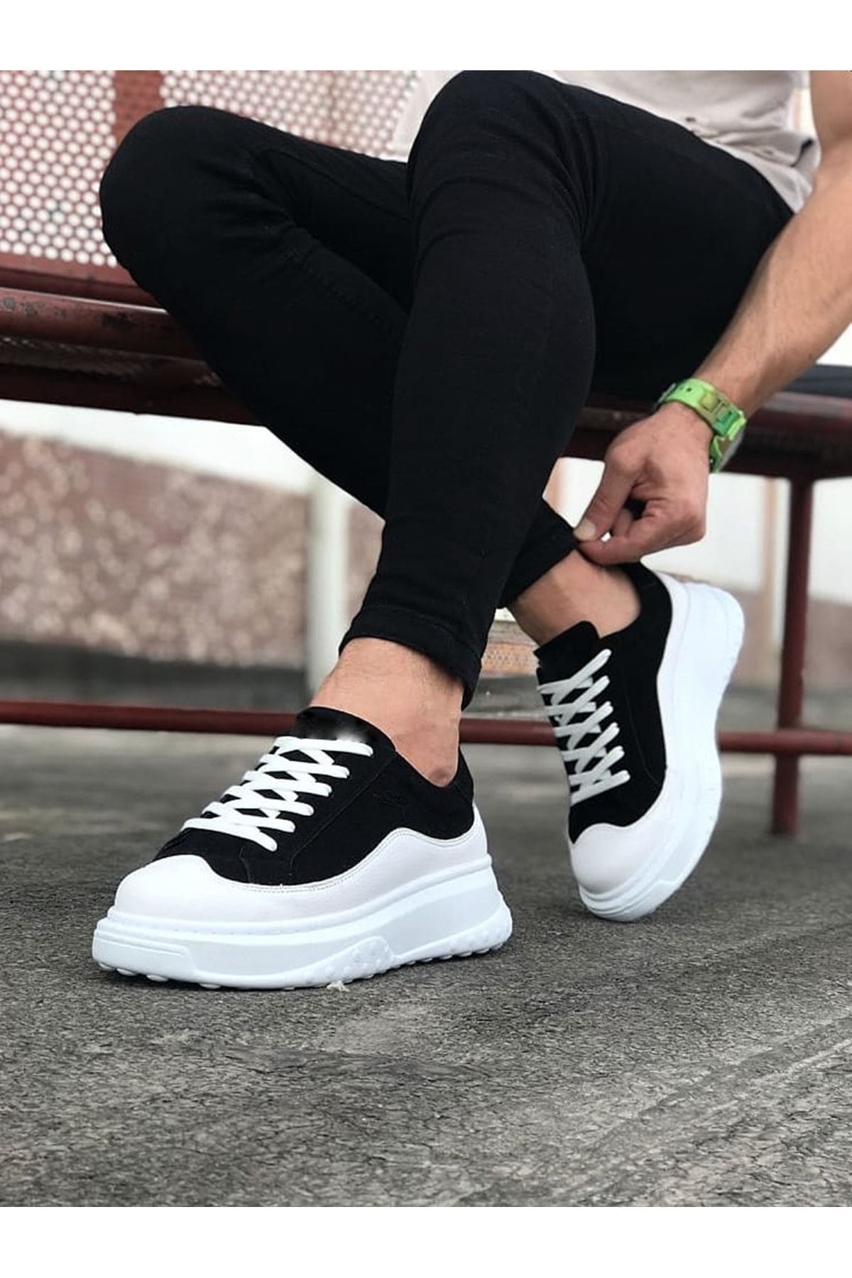 JY507 Alone Bağcıklı Süet Cilt Erkek Günlük Sneaker Ayakkabı SCBT Siyah/Beyaz - Görsel 2