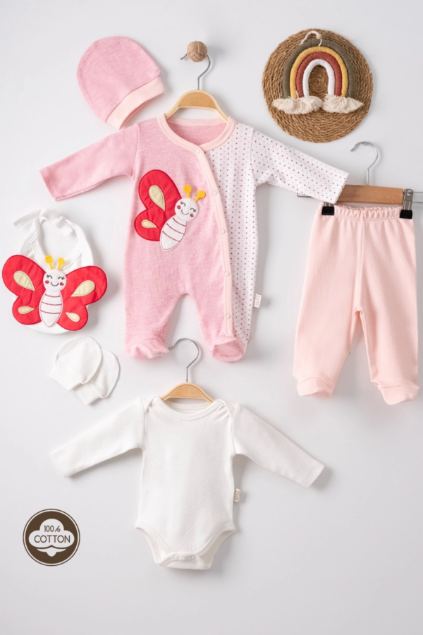 Kelebek Nakışlı Puanlı Tulumlu % 100 Pamuk Kız Bebek 5'li Set