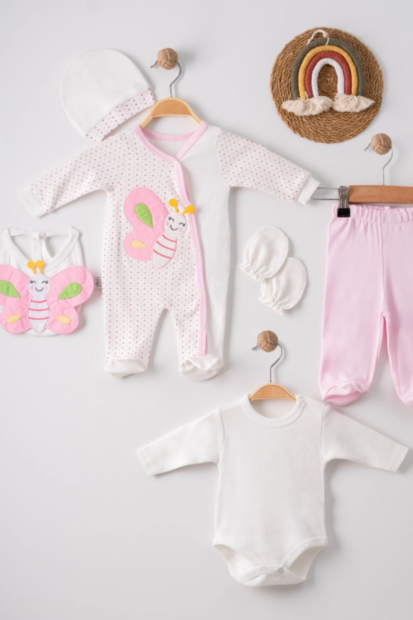 Kelebek Nakışlı Tulumlu % 100 Pamuk Kız Bebek 5'li Set