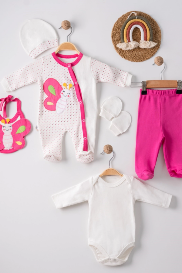 Kelebek Nakışlı Tulumlu % 100 Pamuk Kız Bebek 5'li Set