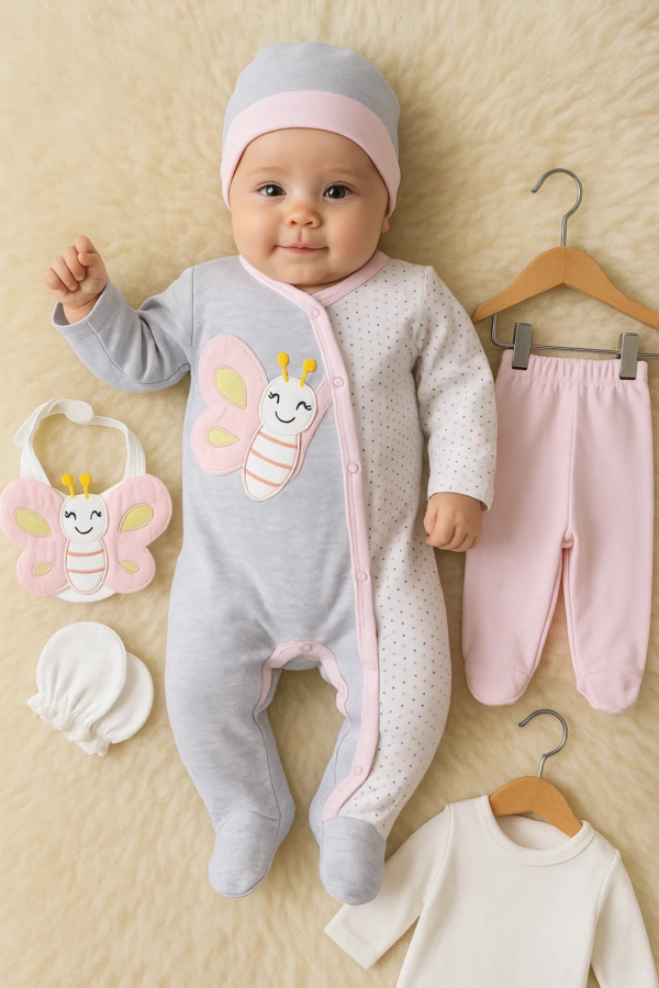Kelebek Nakışlı Tulumlu % 100 Pamuk Kız Bebek 5'li Set