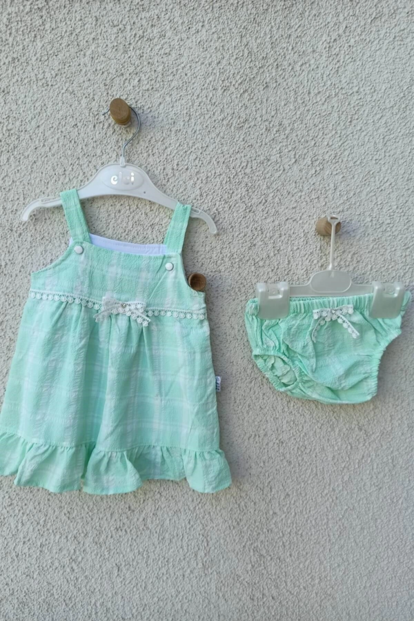 Kız Bebek Yeşil Askılı Kareli Külotlu Elbise 3-6-9 Ay