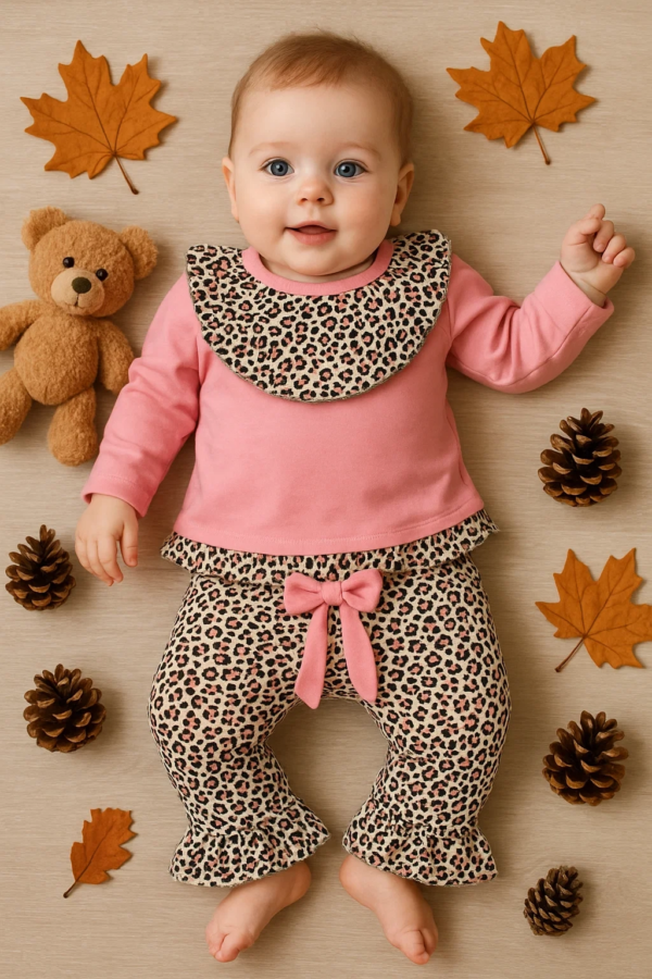 Leopar Detaylı 2'li Kız Bebek Takım %100 Pamuk