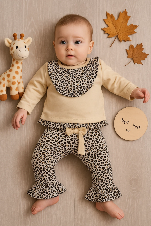 Leopar Detaylı 2'li Kız Bebek Takım %100 Pamuk