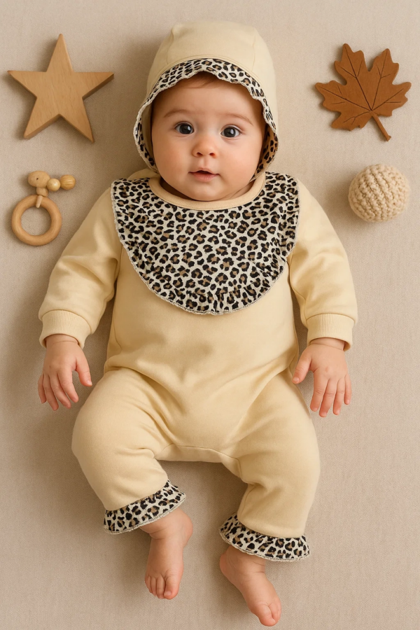 Leopar Detaylı Şapkalı Tulum %100 Pamuk