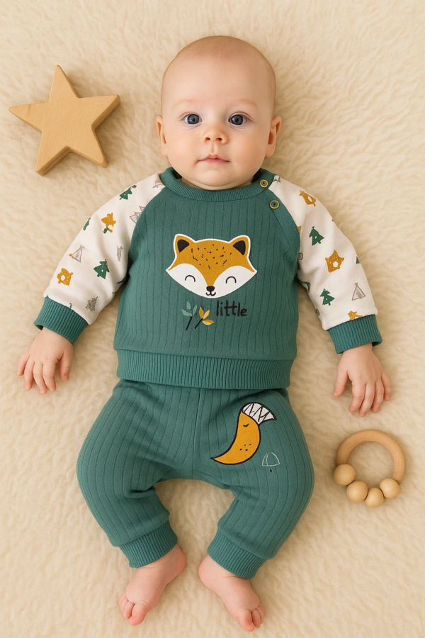 Littie Fox Nakışlı % 100 Pamuklu 2'li Erkek Takım