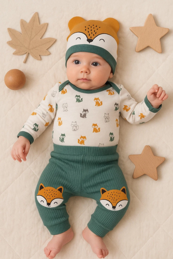 Little Fox Desenli 3'lü % 100 Pamuklu Erkek Takım