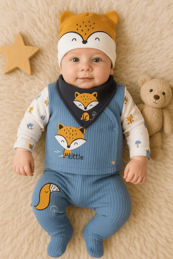Little Fox Nakışlı 5'li % 100 Pamuk Erkek Bebek Hastane Çıkış Seti