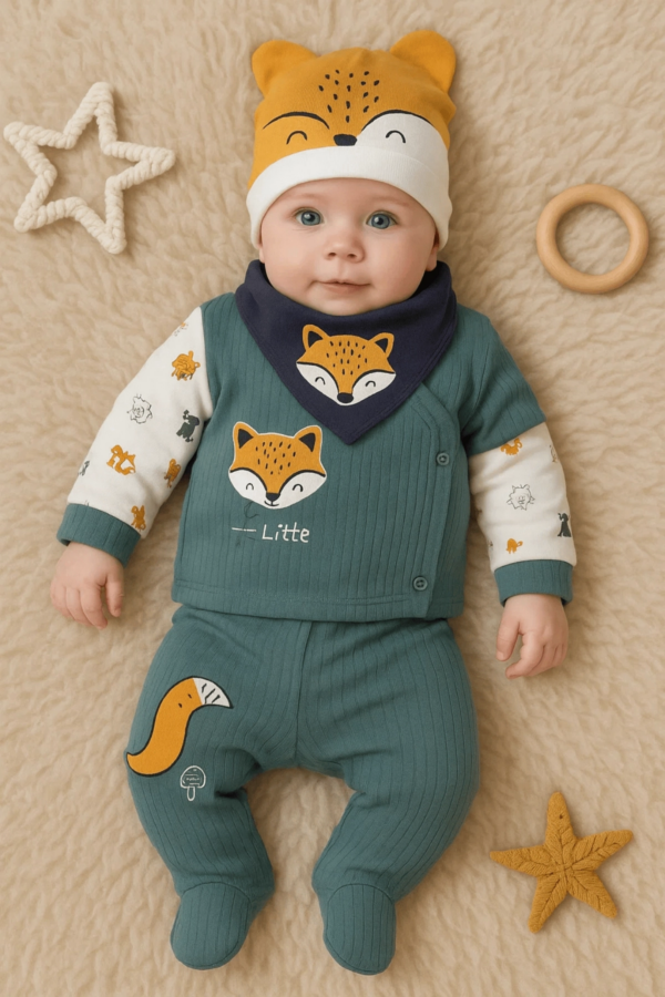 Little Fox Nakışlı 5'li % 100 Pamuk Erkek Bebek Hastane Çıkış Seti