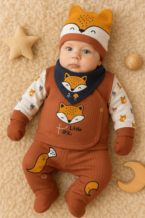 Little Fox Nakışlı 5'li % 100 Pamuk Erkek Bebek Hastane Çıkış Seti