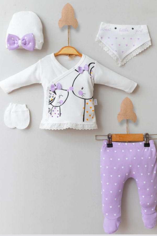 Little Mause Desenli % 100 Pamuk 5'li Kız Bebek Hastane Çıkış Seti
