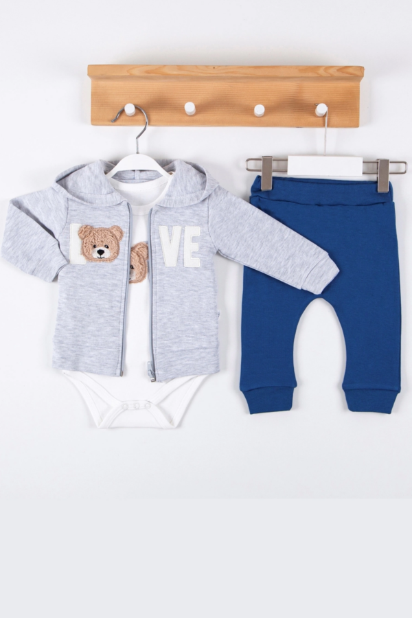 Love Bear Nakışlı % 100 Pamuk Hırkalı 3'lü Erkek Takım