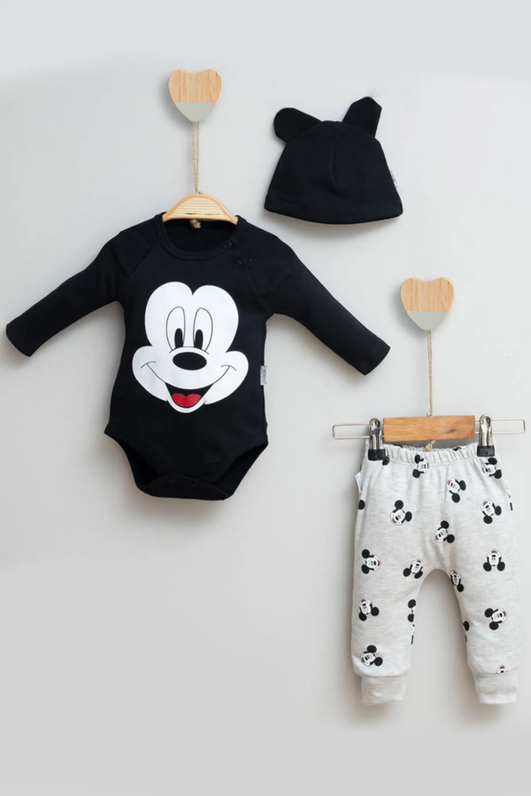 Mickey Desenli Şapkalı 3'lü Erkek Bebek Takımı