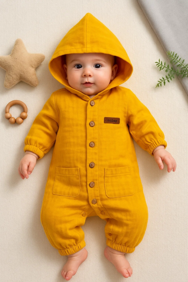 Müslin Kumaş Çift Cepli % 100 Pamuklu Erkek Bebek Tulumu