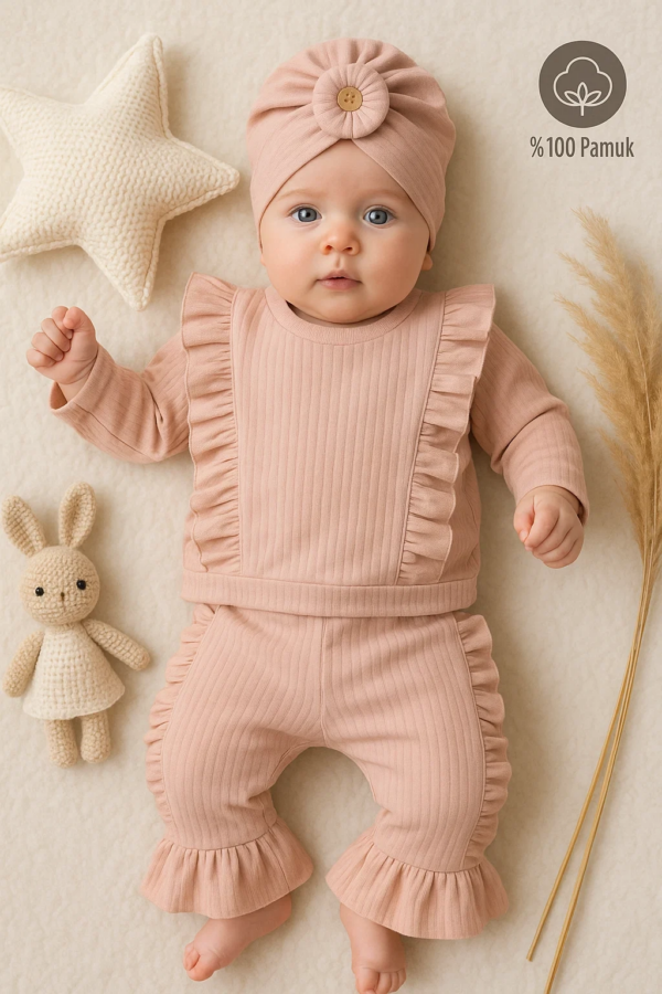 Omuzdan Fırfır Detaylı Boneli 3'lü % 100 Pamuklu Kız Bebek Takımı