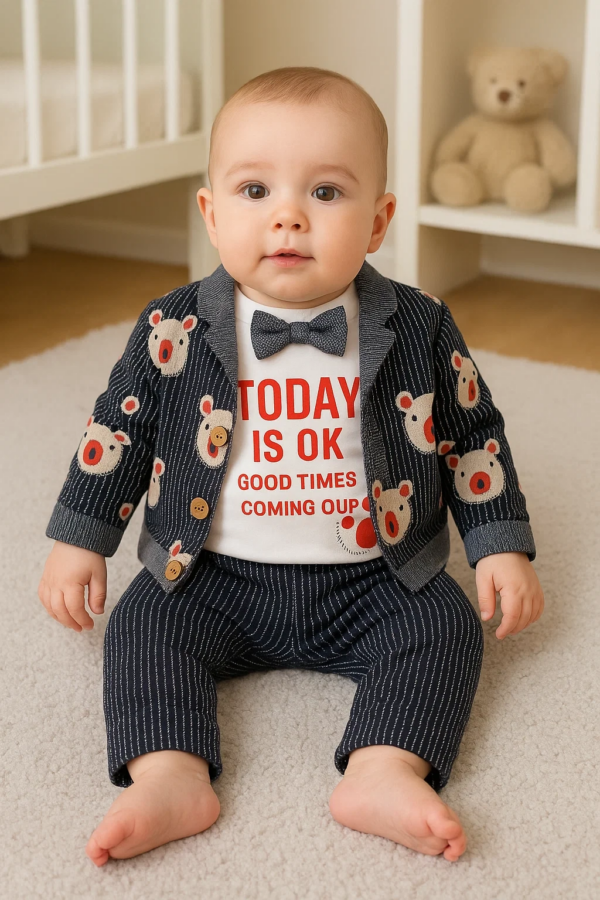 Papyonlu Bear Çizgili Model Ceketli 3'lü Erkek Bebek Takımı
