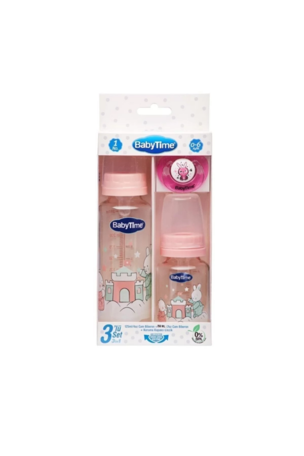 Pembe 3lü Cam Biberon Seti 0-6 Ay