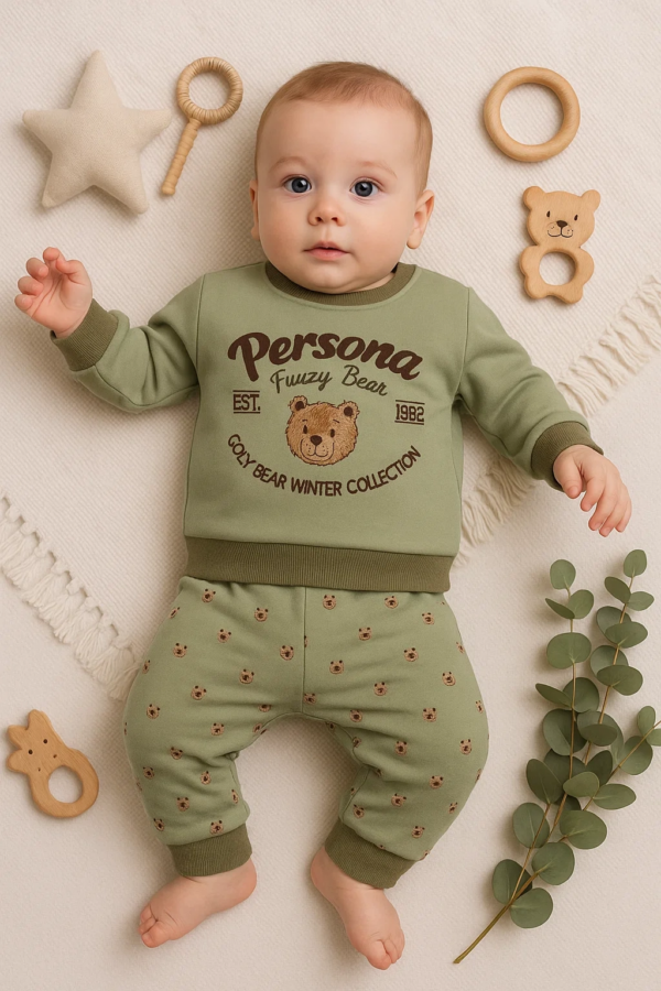 Persona Bear Nakışlı % 100 Pamuk 2'li Erkek Bebek Takım