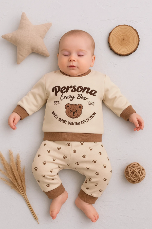 Persona Bear Nakışlı % 100 Pamuk 2'li Erkek Bebek Takım
