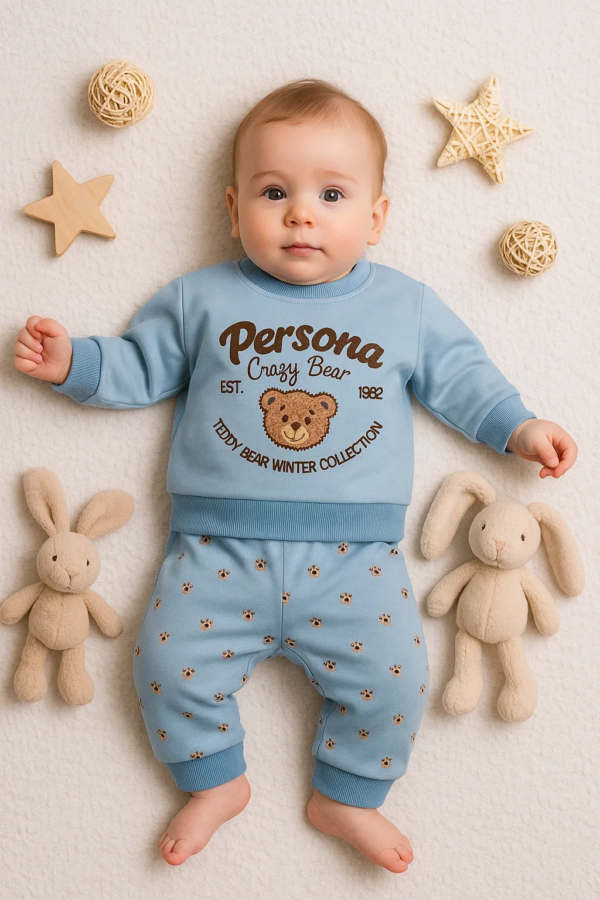 Persona Bear Nakışlı % 100 Pamuk 2'li Erkek Bebek Takım