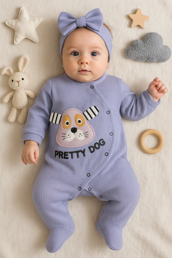 Pretty Dog Nakışlı Bandanalı % 100 Pamuk Kız Bebek Tulumu