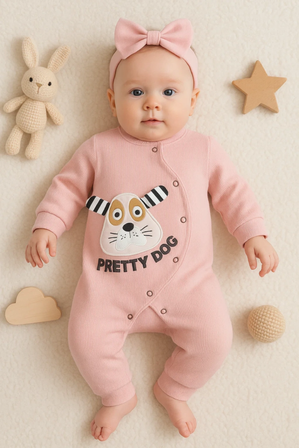 Pretty Dog Nakışlı Bandanalı % 100 Pamuk Kız Bebek Tulumu