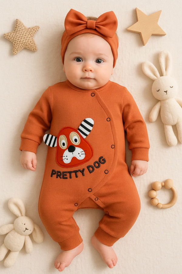 Pretty Dog Nakışlı Bandanalı % 100 Pamuk Kız Bebek Tulumu