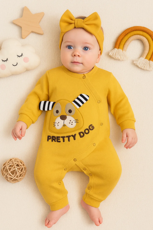 Pretty Dog Nakışlı Bandanalı % 100 Pamuk Kız Bebek Tulumu
