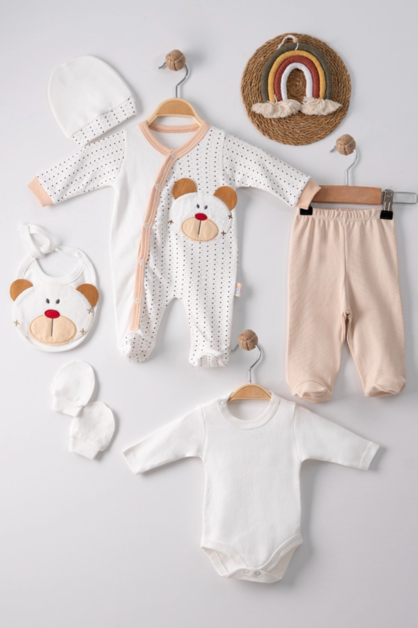 Puanlı Ayıcık Nakışlı Tulumlu % 100 Pamuk Erkek Bebek 5'li Set