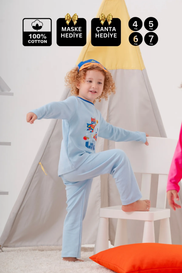 Süper Heros Çanta Ve Maskeli % 100 Pamuk Erkek Çocuk Pijama Takımı