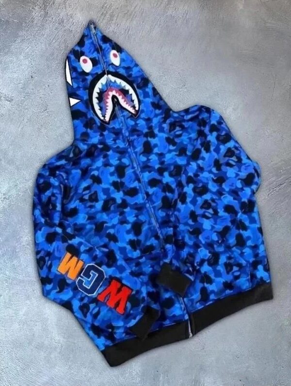 Unisex 2 İplik Bape Kapüşonu Fermuarlı Hırka - Mavi