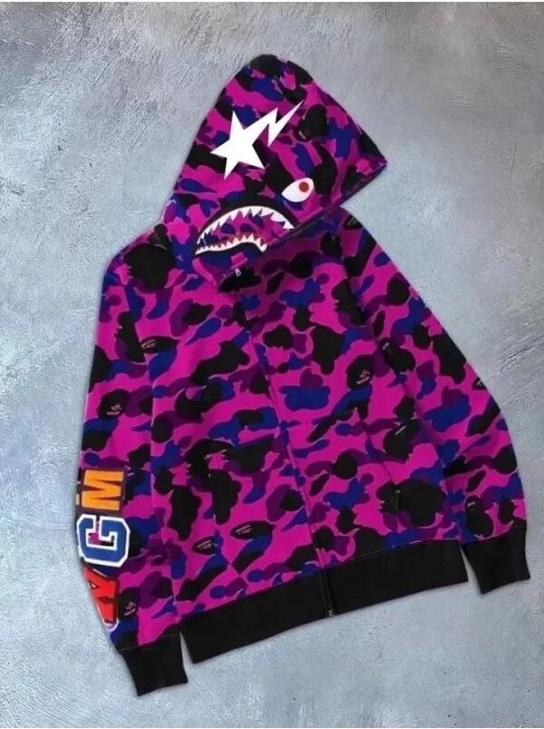 Unisex 2 İplik Bape Kapüşonu Fermuarlı Hırka - Mor