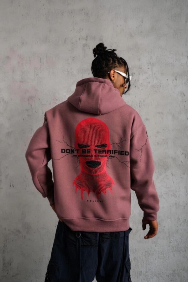 Erkek 3 İplik Pamuklu Kapüşonlu Baskılı Cepli Sweatshirt Hoodie - Gül Kurusu