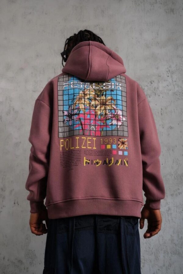 Erkek 3 İplik Pamuklu Kapüşonlu Baskılı Cepli Oversize Sweatshirt Hoodie - Gül Kurusu