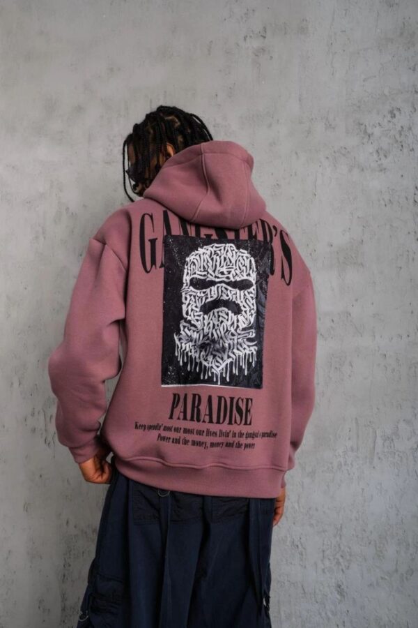 Erkek 3 İplik Pamuklu Kapüşonlu Baskılı Cepli Oversize Sweatshirt Hoodie - Gül Kurusu