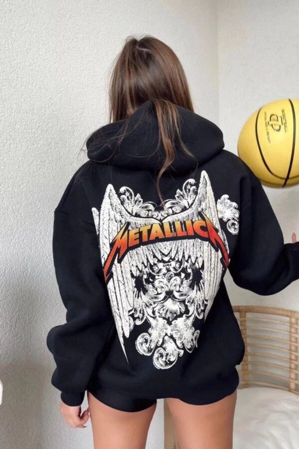 Kadın 2 İplik METALLICA Baskılı Kapüşonlu Hoodie Sweatshirt - Siyah