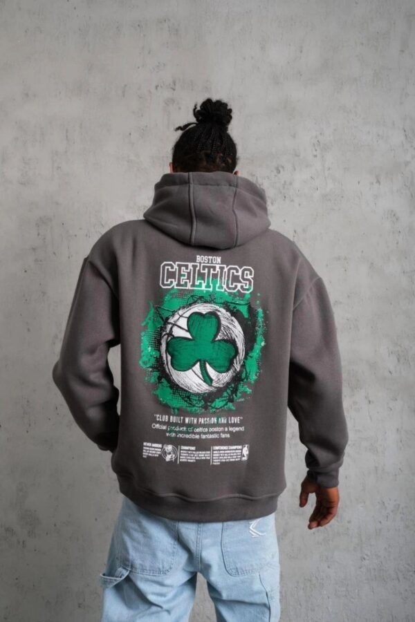 Erkek 3 İplik Pamuklu Kapüşonlu Baskılı Cepli Oversize Sweatshirt Hoodie - Gri