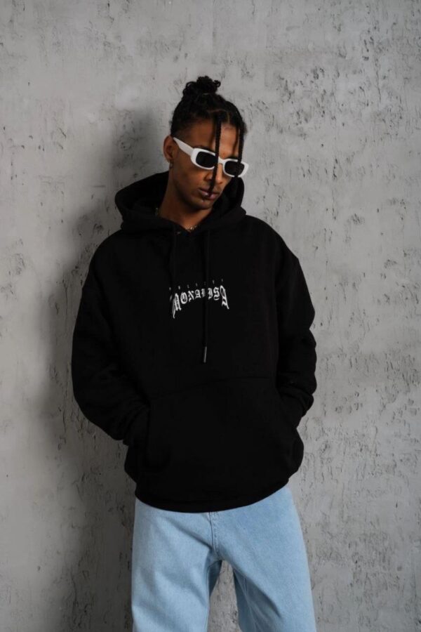 Erkek Baskılı Kapüşonlu ve Kanguru Cepli Sweatshirt hoodie- Siyah
