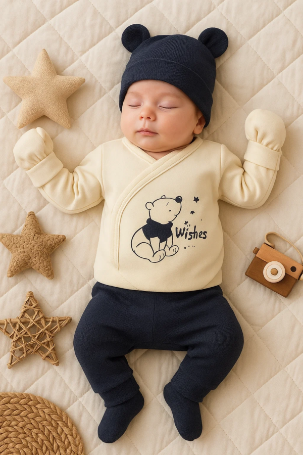 Waffle Natural % 100 Pamuk 5'li Erkek Bebek Hastane Çıkış Seti