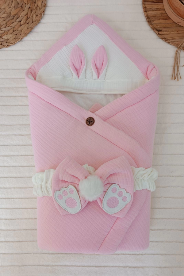 Yenidoğan 4 Kat Müslin Kumaş Kulaklı Patili Fiyonk Bebek Battaniyesi Kundak Pembe