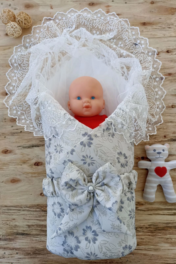 Yenidoğan Gül Sedefli Duvaklı Taş Fiyonk Erkek Bebek Kumru Kundak Bebek Battaniyesi Lacivert