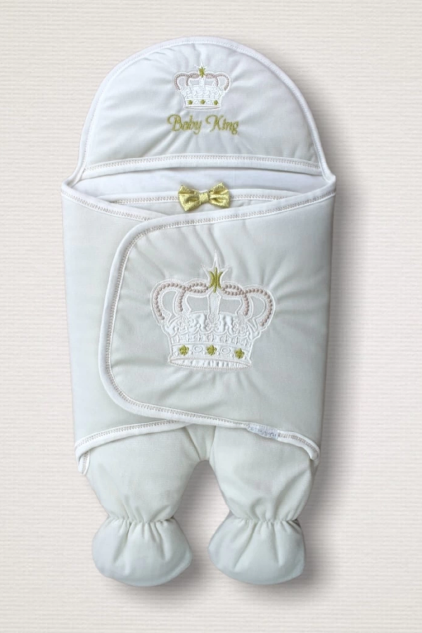 Yenidoğan King Baby Taç Nakışlı Ayaklı Erkek Bebek Kundak Ekru