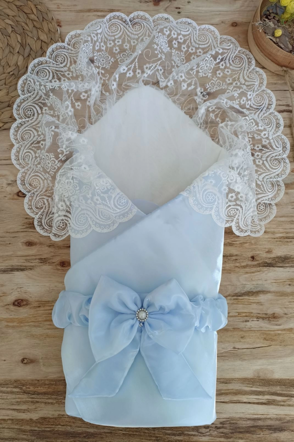 Yenidoğan Kumru İnci Fiyonk Kristal Parlak Duvaklı Kundak Bebek Battaniyesi Mavi