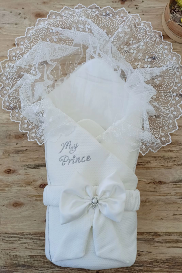 Yenidoğan Sahra My Prince Nakışlı Lüks Kundak Bebek Battaniyesi Ekru