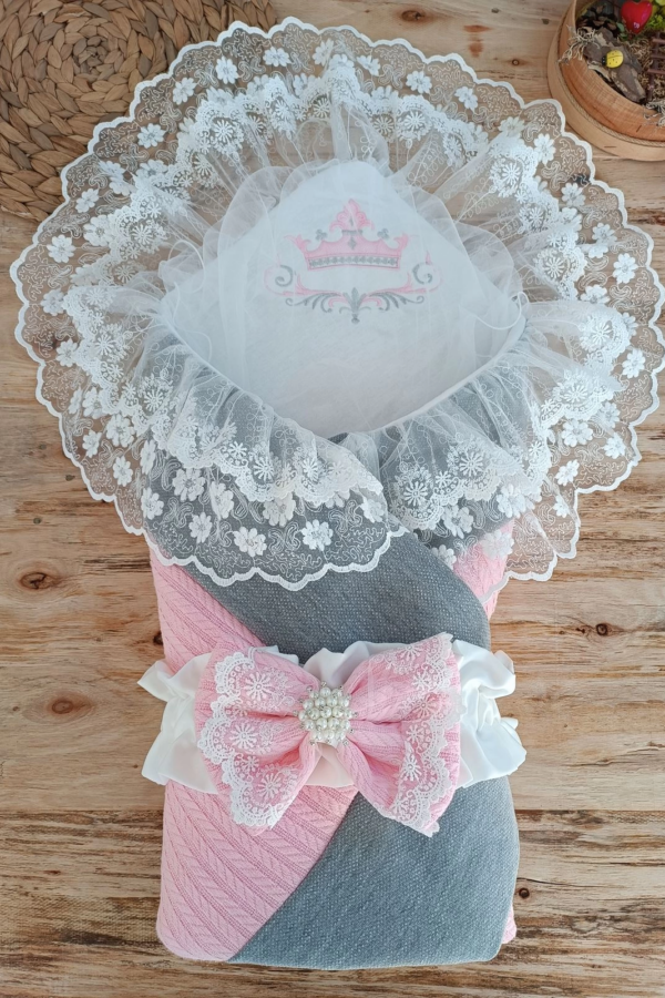 Yenidoğan Teri Cotton Taç Nakışlı Prizma Taş Kundak Bebek Battaniyesi Pembe