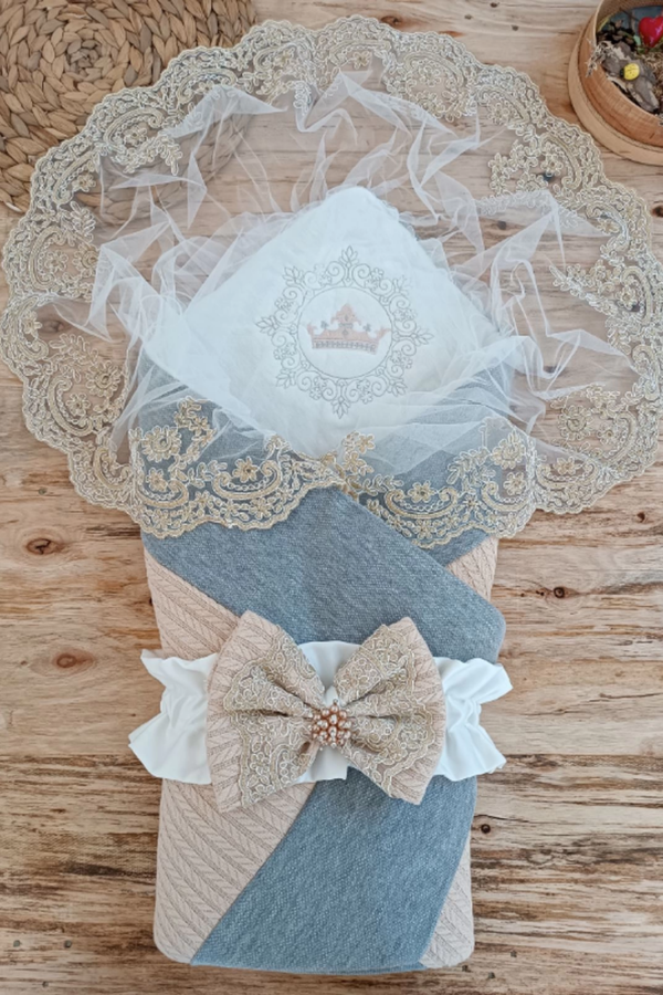 Yenidoğan Teri Cotton Taç Nakışlı Prizma Taş Kundak Bebek Battaniyesi Bej