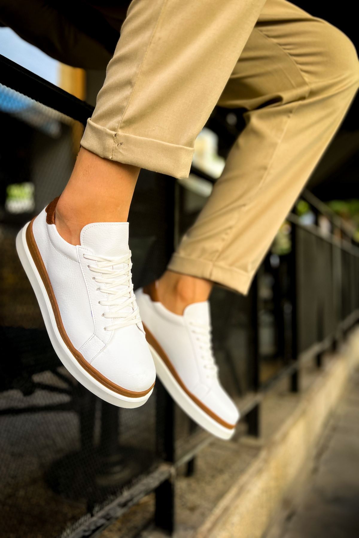 CH979 - Santoni GBT Spor Erkek Ayakkabı BEYAZ/TABA - Görsel 4