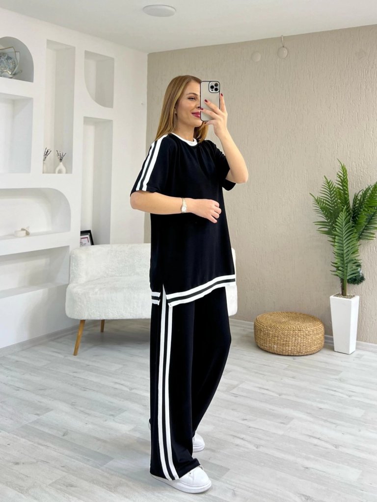 Kadın Kısa Kollu Bisiklet Yaka çift Renk şerit Detaylı Viskon Iki Iplik Bluz Ve Pantolon Ikili Takım - Görsel 2