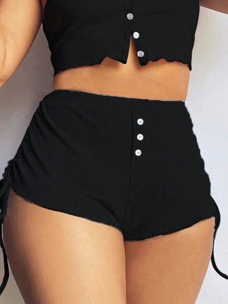 Kadın Ip Askılı Crop Bluz Ve Yanlardan Büzgülü Ikili Kaşkorse Short Takım - Görsel 4