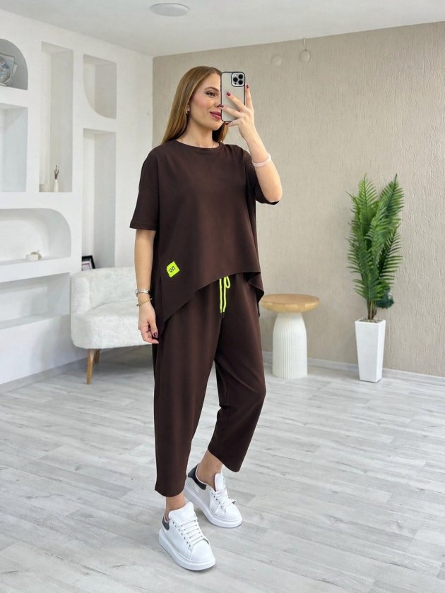Kadın Kısa Kollu Bisiklet Yaka Viskon Iki Iplik Bluz Ve Pantolon Ikili Takım - Görsel 3